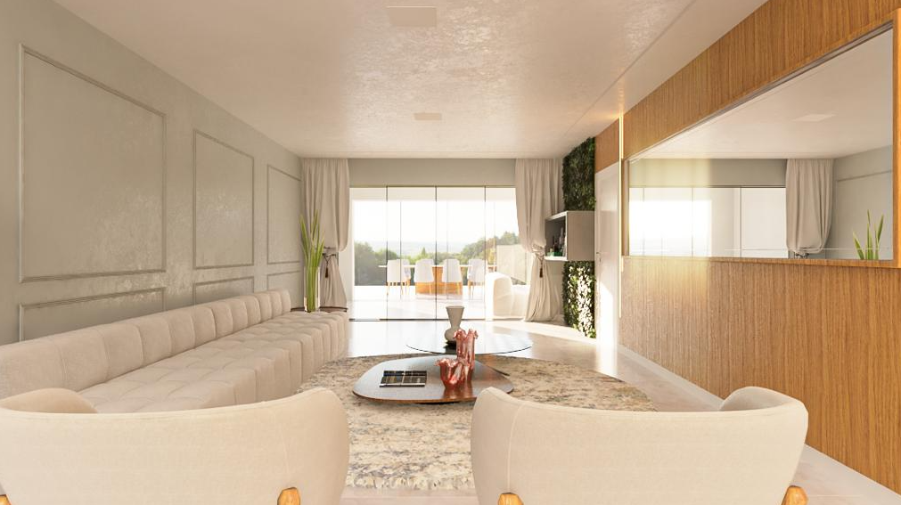 Sala com painel de madeira e espelho — projeto Castro