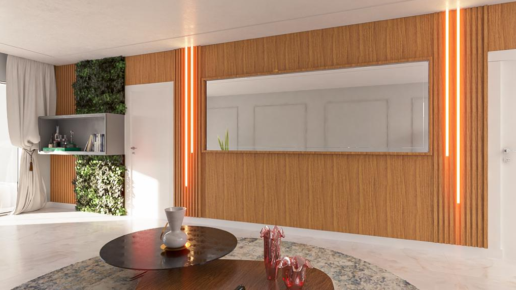 Painel ripado com iluminação LED — projeto Castro
